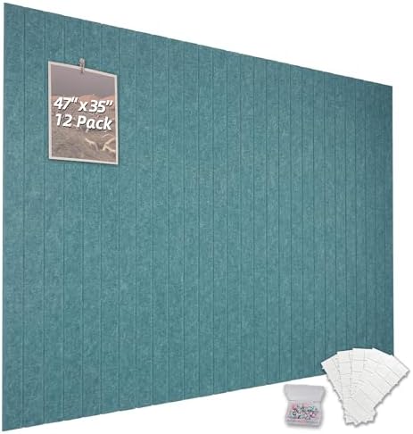 Cork Board Alternative Felt Bulletin Board Tiles-Modular Slat Paneling, Display, Noise Reduction, Safely Removable, Home & Office, 47" x 35", 12-Pack(Peacock Blue)