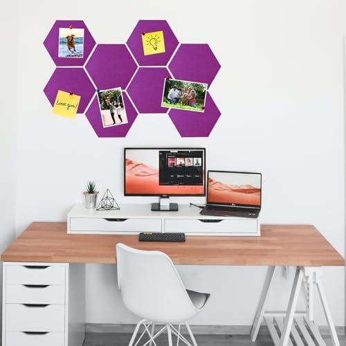 8 Pcs Hexagon Felt Cork Bulletin Board Tiles, Self Adhesive DIY Bulletin Board Pin Board for Office School Home Wall Decor Memos Photos Display(Light Purple)