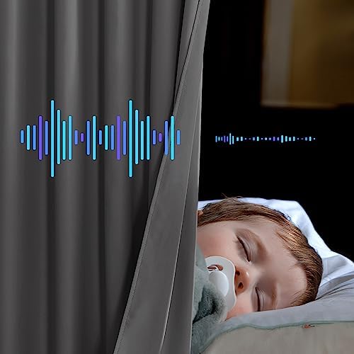 NICETOWN Noise Insulation Rod Pocket Curtains, Energy Smart & 100% Blackout Echo of Sounds Reducing Back Tab Drapes for Dining Room Window, Thermal Guest Room Lined Window Dressing(Gray, 52 x 84 inch)