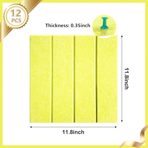 12 Packs Yellow Felt Pin Board, Large 12" Bulletin Board with 30 Push Pins, Felt Board Slat Wall Paneling for Office Home Kitchen, Self-Adhesive Corkboard Tiles for Classroom Message Photos Memos