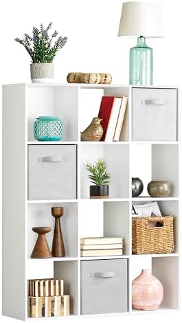 Whitmor 12 Cube Storage Organizer, 4 Tier Stackable Mdf Wood Bookcase, Open Storage Display Bookshelf, Storage Cabinet for Living Room, Bedroom, Home, Office, 35.1"L x 11.6"W x 47.5"H, White