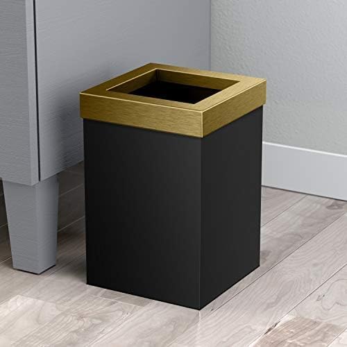 Gatco Small Bathroom Trash Can With Lid, Square 3 Gallon Stainless Steel Wastebasket, Under Sink, Matte Black And Brushed Brass, For Bathroom, Bedroom, Office (1934)