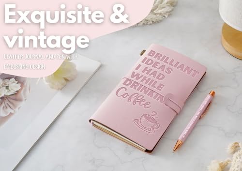 Coffee gifts Leather Journal Notebook with Pen, for Coffee Lovers, Men, Women on Birthday, Refillable Sketchbook, Travel Diary, Lined Planner, 7x5 Inches, Pink - Brilliant Ideas - Leather embossing