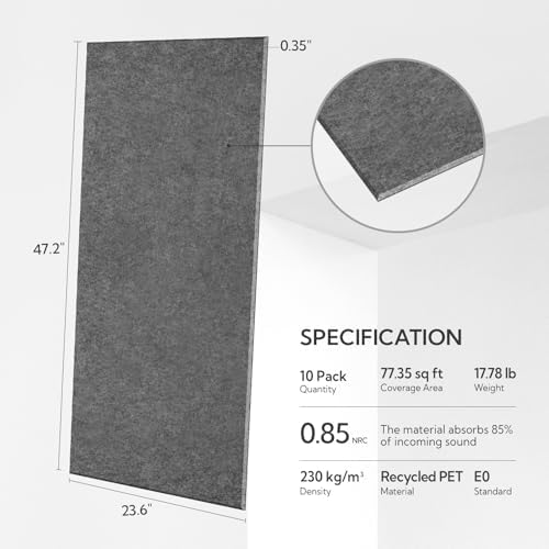 Olanglab Acoustic Wall Panels, 10 Pack, 48" x 24", Plain Dark Gray