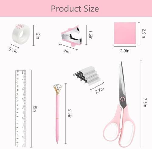 Office Supplies,School Supplies,Pink Desk Accessories,Desk Organizer,Scissors,Stapler,Tape Dispenser,Binder Clips,Staples,Staple Remover,Sticky Notes,Clear Tape,Pen,Ruler,Best Gift,11pcs