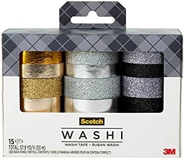 Scotch Washi Tape, Glitter Metallic Design, 15 Rolls, Great for Bullet Journaling, Scrapbooking and DIY Décor (C1017-15-P6)