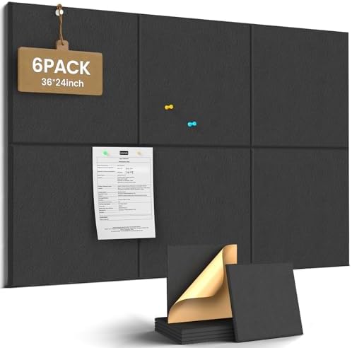 JBER Large Felt Bulletin Board 36" x 24", 6 Pack Felt Wall Tiles, Black