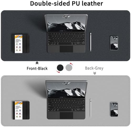 Bleswin Multifunctional Large Desk Mat, Double Sided Computer Desk pad, Extended Mouse Mat, Office Desk Protector with Waterproof PU Leather, 35.4''×16.9'', Office Home Writing Pad (Black+Grey)