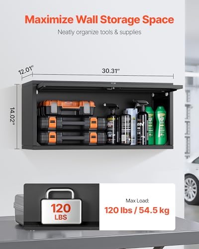 VEVOR Metal Wall Cabinet, 30.31W x 12.01D x 14.02H Inch, Floating Garage Tool Cabinet with Up-Flip Door, 120 lbs Load per Shelf, Fit for Garage, Basement, Kitchen, Warehouse, Assembly Required