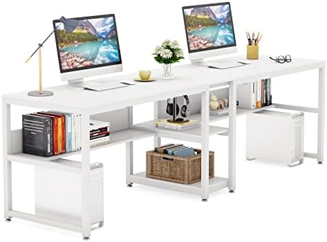 Tribesigns Two Person Desk with Bookshelf, 78.7 Computer Office Double Desk for Two Person, Rustic Writing Desk Workstation with Shelf for Home Office (White)