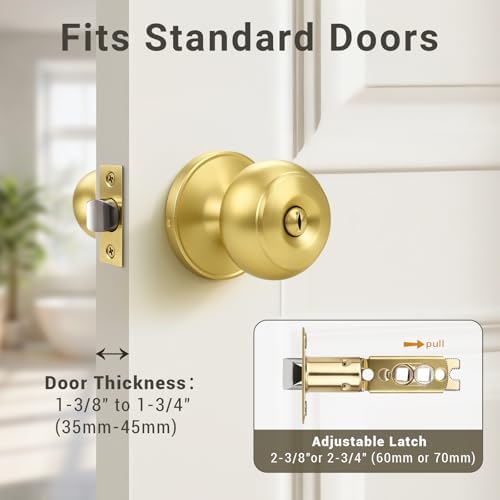 KNOBWELL 6 Pack Privacy Door Knob for Bathroom or Bedroom Door Knobs, Round Interior Door Knobs, Gold Indoor Door Knob, Keyless Door Knob with Lock, Door Handle Lock, Gold