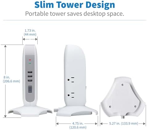 Tripp Lite TLP66USB Surge Protector Tower with USB Ports, 1200 Joules, 5-Outlets, 3 USB Ports, 6ft Heavy-Duty Braided Extension Cord, Desk Charging Tower, Dorm Essentials, Tower Power Strip with Surge