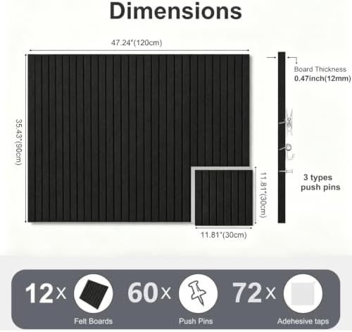 0.47" Thick Felt Pin Board 48"x36" Large Cork Board Alternative 12 Pack 11.81"x11.81"Felt Bulletin Board Wall Tiles Notice Board with 60 Pushpins for Home Office School(Fine-Black)