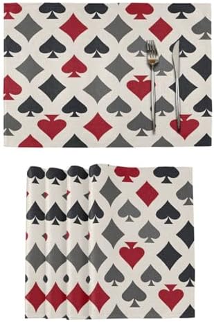 ALAZA Playing Card Suits in Red Black Pattern Set of 6 Placemats Rectangle Table Mat for Dining Table Restaurant Kitchen Home Decor, 12" x 18"