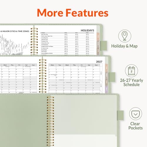 SUNEE 2026-2027 Weekly & Monthly Planner 9"x11.2" - 12 Month (July 2026 - June 2027), Vegan Leather Cover Planner Academic Year Calendar, Pocket, Notes, Monthly Tab, Green