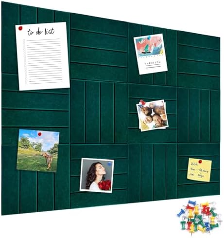 12 Packs Dark Green Felt Pin Board, Large 12" Bulletin Board with 30 Push Pins, Felt Board Slat Wall Paneling for Office Home Kitchen, Self-Adhesive Corkboard Tiles for Classroom Message Photos Memos