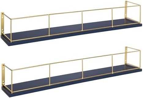 Kate and Laurel Benbrook 24 inch 2-Pack Wood and Metal Floating Wall Shelves, Blue and Gold