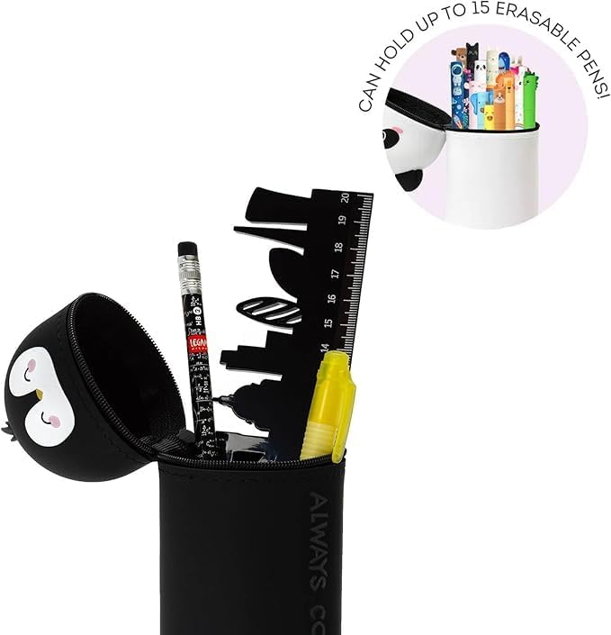 LEGAMI - Set of 7 Erasable Gel Pens + 2-in-1 Pencil Case Pen Pot - with Thermosensitive Erase Ink, Ink colours & barrel designs, 0.7mm Tip, Set 2 (Penguin)