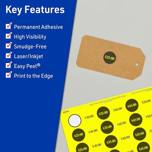 Avery Printable Round Labels, Sure Feed Technology, 3/4" Diameter, Neon Yellow Labels, Print-to-the-Edge, Laser/Inkjet, 6,400 Total, Great for Price Stickers and Mailing Seals