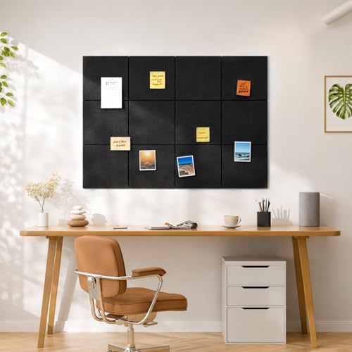 Large Cork Boards for Walls 48" x 36",12 Pack Bulletin Boards Alternative Cork Board for Office,Black Felt Wall Tiles, Contains Removable Security Stickers and PushPins