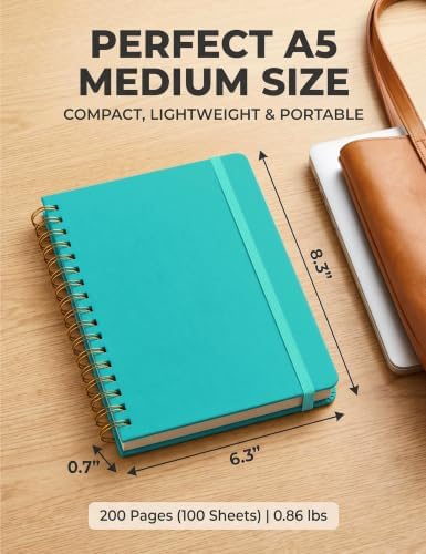5 Pack Hardcover Spiral Notebooks, 8.3" x 6.3" Lined Journal Set, 100 GSM Bleed-Resistant Paper, 200 Pages Twin-Wire Bound Notebook with Elastic Band & Category Stickers for Office, School