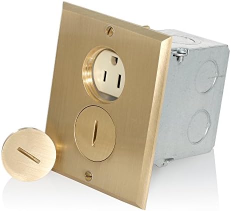 Leviton 15 Amp Commercial Grade Self Grounding Duplex Outlet Floor Box, 25249-FBA, Ivory/Brass