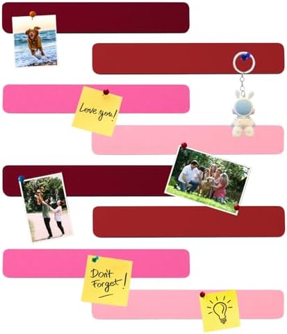 8Pcs Rectangle Felt Cork Board Bar Strips with 35 Pushpins, Self-Adhesive Bulletin Board Strips for Office School Home Wall Decor Stickers Memos Schedules Photos Display -Gradual Red
