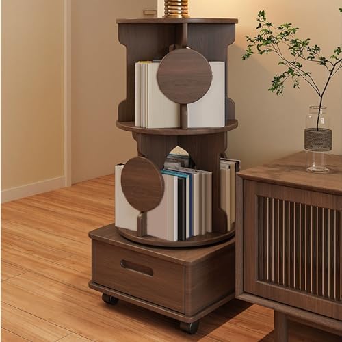 Small Bookshelf with Storage Drawer for Small Spaces Corner Rotating Bookshelf 360 Display 2-4 Tier Revolving Bookcase with Brake Wheels for Bedroom Living Room Study Room ( Color : Walnut , Size : Tw