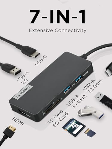 Lenovo – USB-C 7-in-1 Hub – Computer Networking Laptop Accessory – Laptop Docking Station - 4K via HDMI, 3 USB-A devices, 2 SD/TF Card Readers USB-C Power Pass Through