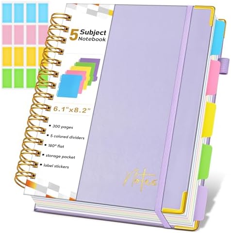 Spiral Notebook Journal with Removable Dividers Tabs, 300 Pages Hardcover Leather 5 Subject College Ruled Notebook, 6.1"x8.2" Large A5 Lined Journal for Women, Spiral Notebook for Work School, Purple