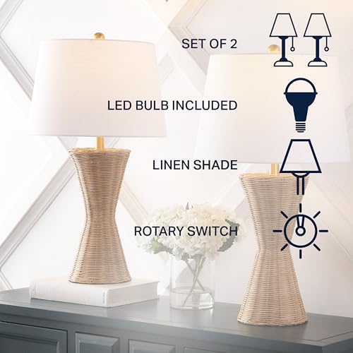 JONATHAN Y Laura Table Lamp 27" Rattan Hourglass, Natural, Set of 2