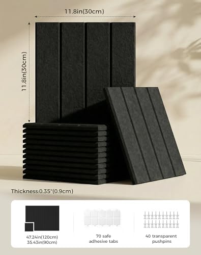 Aothia 12-Pack Felt Bulletin Board Tiles 48"x36", Modular Pin Board for Notes, Photos & Mood Boards, Cork Board Alternative for Smooth Walls, 0.35" Thick, 70 Adhesive Tabs & 40 Pins, Black