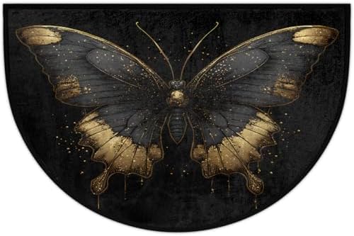 Black and Gold Butterfly Half Round Door Mat Non Slip Washable Semi Circle Area Rug Absorbent Soft Half Moon Rug Floor Mat for Indoor Outdoor Kitchen Bathroom Patio Front Door Mat Decor