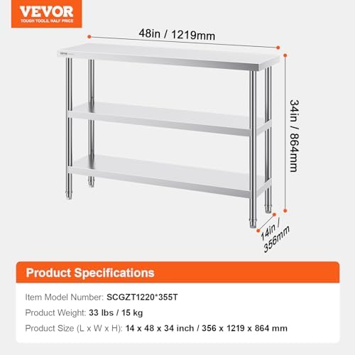 VEVOR Stainless Steel Food Prep Table, 14 x 48 x 34 Inch Commercial Kitchen Worktable, with 2 Adjustable Undershelf, Heavy Duty Prep Metal Work Tables for BBQ, Kitchen, Home, and Garage