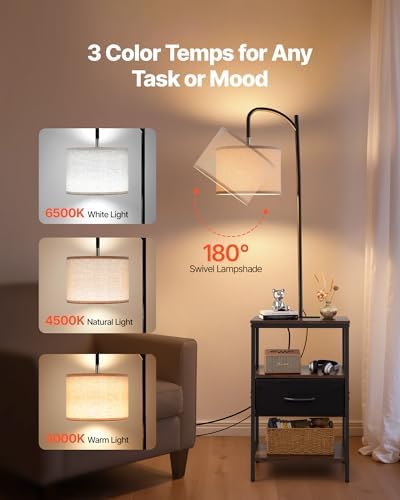 VEVOR Floor Lamp with Table, 3-Tier End Table with Drawer and 3 Color Temperature Lighting, Modern Side Nightstand Bedside Desk with USB & Type C & AC Charging Port for Living Room, Bedroom, Dorm