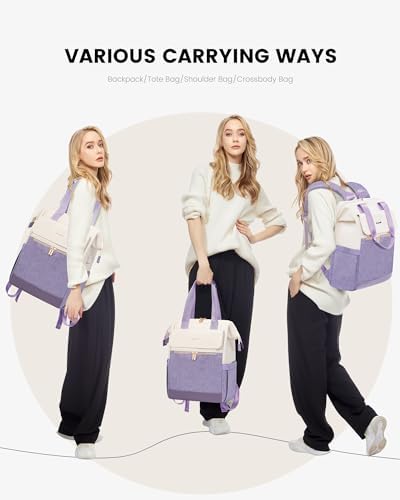 LOVEVOOK Laptop Backpack for Women, 15.6 Inch Work Laptop Bag with USB Port, Fashion Teacher Nurse Backpack Purse, Waterproof Travel Computer Backpack with Organizer Bag, 2PCS, Beige-Light Purple