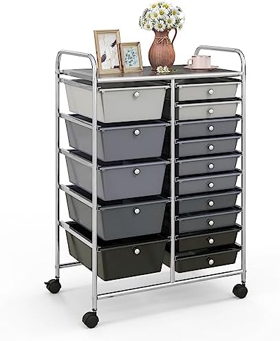 COSTWAY 15 Drawer Rolling Storage Cart, Mobile Utility Cart with Lockable Wheels, Drawers, Multipurpose Organizer Cart for Home, Office, School, Gradient Black