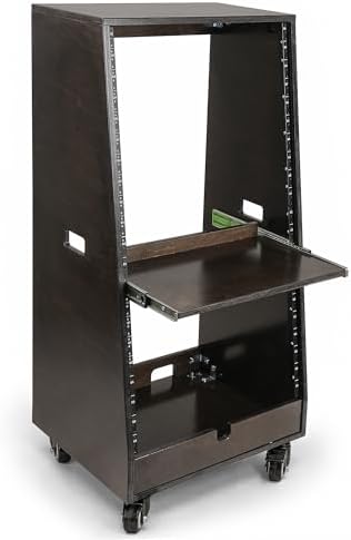 Sound Town DIY Slanted 20U Studio Rack (12U Top + 8U Lower) with 2U Bottom Storage, Slide-Out Tray, Casters, for Home Studio and Recording Room, Birch Plywood, Black Espresso (SDRK-ST20TD)