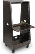 Sound Town DIY Slanted 20U Studio Rack (12U Top + 8U Lower) with 2U Bottom Storage, Slide-Out Tray, Casters, for Home Studio and Recording Room, Birch Plywood, Black Espresso (SDRK-ST20TD)