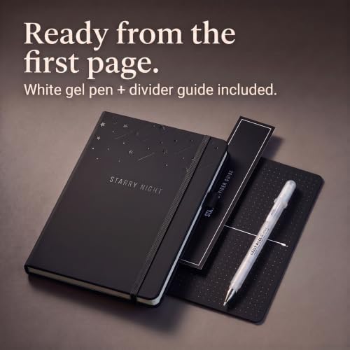 Scribbles That Matter Black Paper Bullet Dotted Journal Notebook | A5 Starry Night Free white gel pen | 160gsm Blackout no-bleed dot grid paper | For Men and Women | 5.75 x 8.5 in | Black