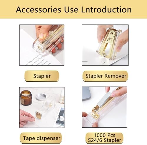 suniya Office Supplies Gold Desk Accessories Set Office Supplies Kit with Stapler, Tape Dispenser, Scissors, Staple Remover, Ballpoint Pen, Clear Tape & Staples – Best Gift for Business or Boss
