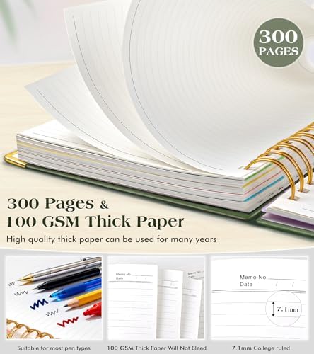 Spiral Notebook Journal with Removable Dividers Tabs, 300 Pages Hardcover Leather 5 Subject College Ruled Notebook, 8.5"x11" Large A4 Lined Journal for Women Men, Spiral Notebook for Work School,Green