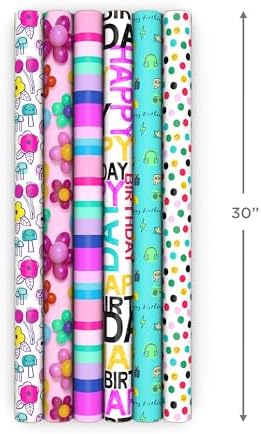 Hallmark Birthday Wrapping Paper Rolls, 6 Rolls (Flowers, Stripes, Dots)