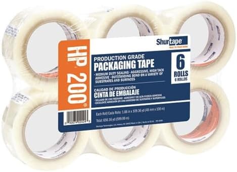 Shurtape HP 200 Medium Duty Hot Melt Shipping and Packaging Tape, For Hand or Automated Sealing, 48mm x 100 Meters Per Roll, Clear, 6-Roll Pack (104483)