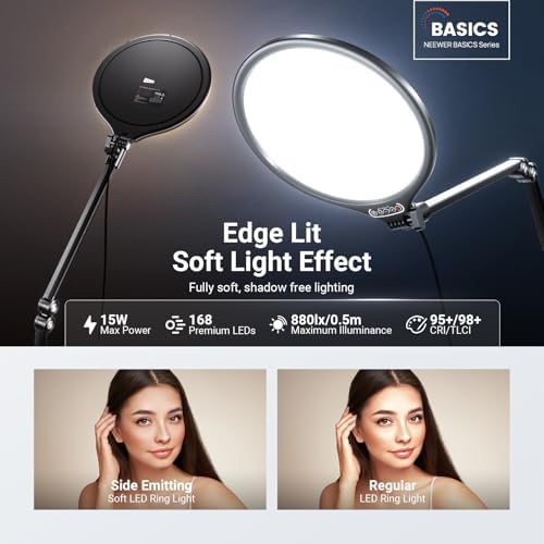 NEEWER Basics 10.5" Streaming Key Lighting, 3000-6500K 15W Full Screen LED Panel Ring Light with Adjustable Arm Stand Desk Clamp Timer for Laptop Computer Video Conference Zoom Makeup, R10