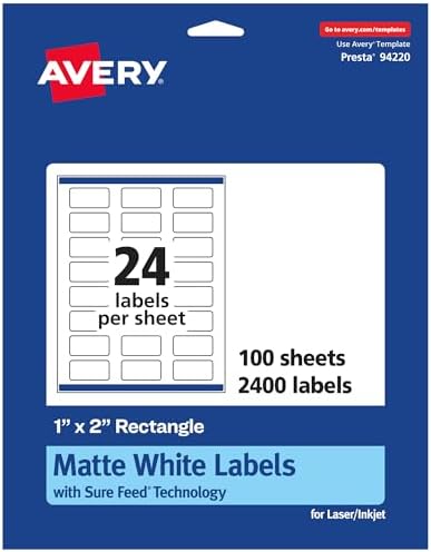Avery Matte White Rectangle Labels, Sure Feed Technology, 1" x 2", 2,400 Matte White Printable Labels