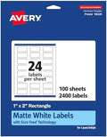 Avery Matte White Rectangle Labels, Sure Feed Technology, 1" x 2", 2,400 Matte White Printable Labels
