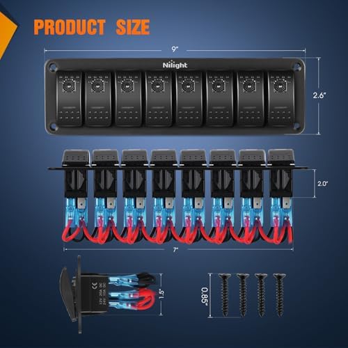 Nilight 8 Gang Rocker Switch Panel w/Purple LED Light 5Pin On Off Pre-Wired