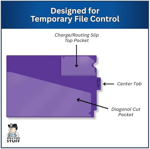 Doctor Stuff - Center Tab Vinyl Outguides, Diagonal Cut Front Pocket, Top Charge Out Slip Pocket, Plastic File Folder, Letter Size 9" x 13-1/4", Purple, 50/Box