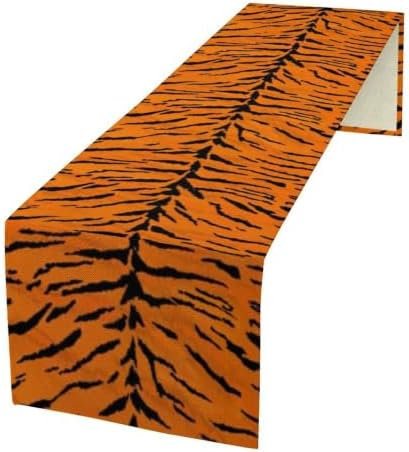 Vintage Tiger Print Table Runner, Rustic Cottage Country Farm Animal Fur Skin Pattern Western Style Black Brown Print Dinner Runner for Home Kitchen Dining Table Decoration 13x60 Inch